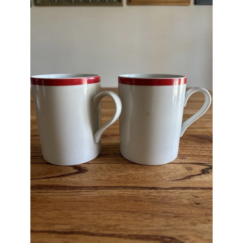 Williams Sonoma Brasserie Coffee Mugs Red Rim, Set Of 2